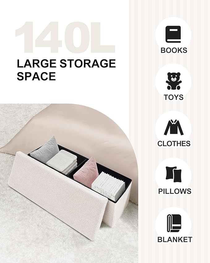 B FSOBEIIALEO Small Storage Ottoman Cube Sherpa Ottomans Foot Rest, Foldable Boucle Ottoman Bench, Faux Teddy Fur, Cream White 43.3"x15"x15"