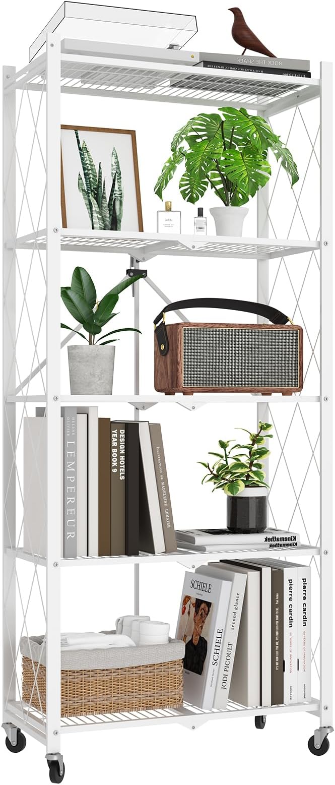 64" H 5 Tier Foldable Storage Shelf with Wheels, Folding Shelving Loads 500 LBS, Metal Steel Garage Shelves, Rolling Standing Utility Rack for Kitchen, Pantry, Office, White