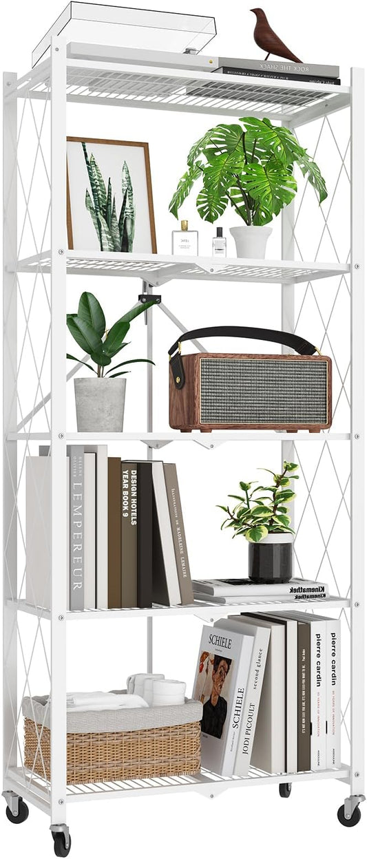 64" H 5 Tier Foldable Storage Shelf with Wheels, Folding Shelving Loads 500 LBS, Metal Steel Garage Shelves, Rolling Standing Utility Rack for Kitchen, Pantry, Office, White