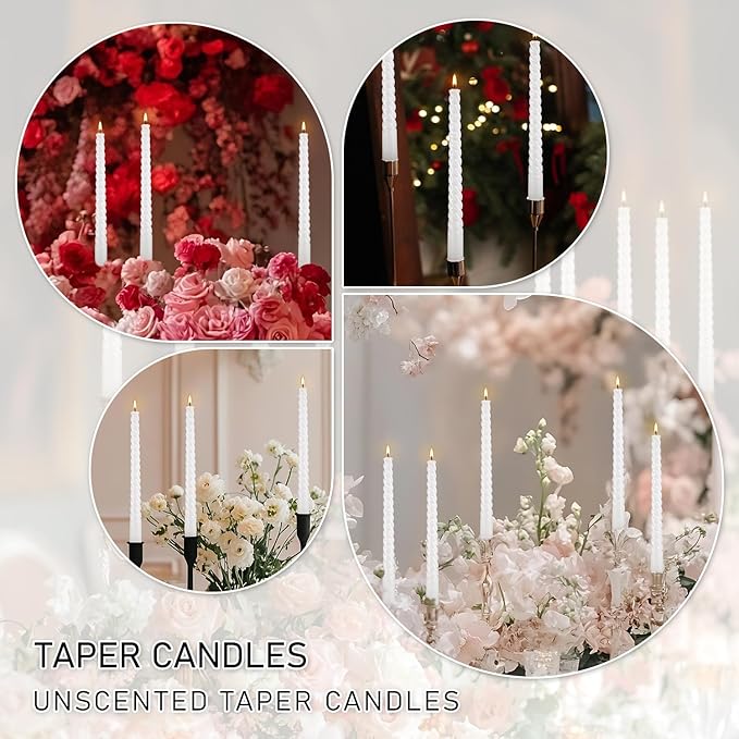 12 Pack White Spiral Taper Candles,Smooth Flame,7+Hour Burn Time,The Perfect Choice for Halloween&Multiple Purposes.