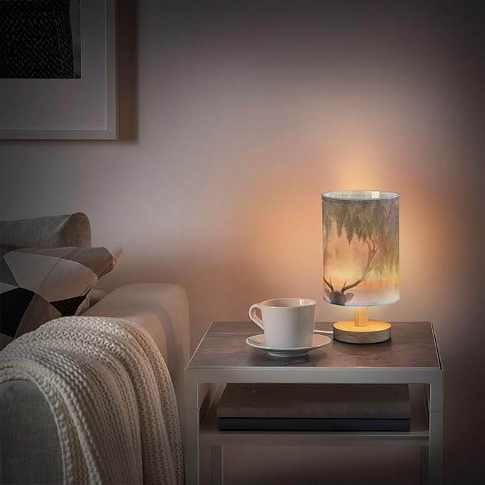 Table Lamp Antler Deer Nightstand Lamp with Wood Base Fabric Lamp Shade Bedside Desk Lamp for Living Room Bedroom Kids Room Office