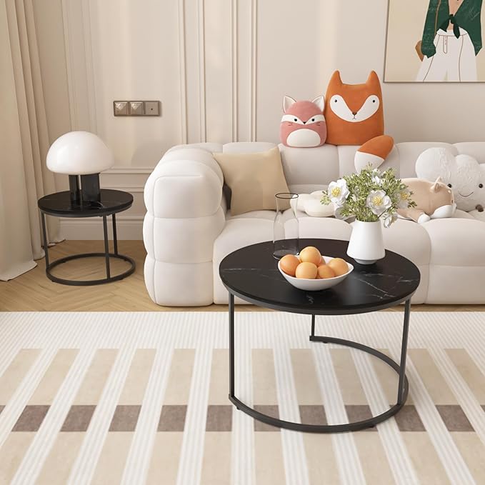 Nesting Coffee Table Set of 2, 27.56" Round Coffee Table Marble Pattern Top with Sturdy Metal Frame, Side Tables for Living Room, Bedroom, Outdoor Balcony Yard (Black)