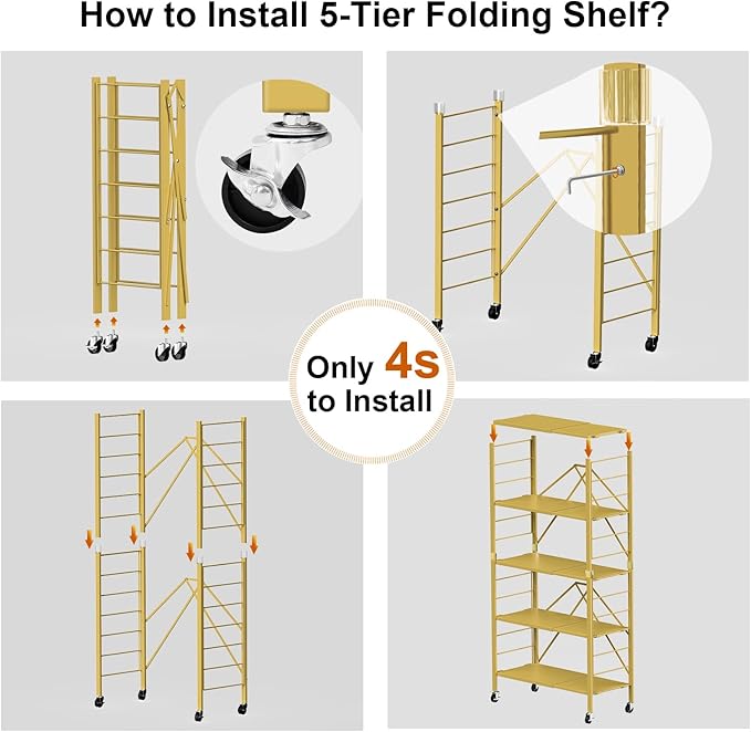 5 Tier Foldable Storage Shelves, Expandable Folding Shelving Units with Wheels, Changeable into 2 Shelf Units, Collapsible Adjustable Storage Rack Metal Shelves for Storage, Pantry, Garage, Gold