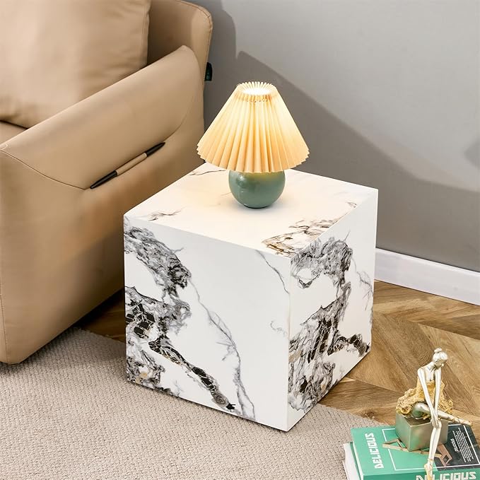 End Table, White Marble Side Table, Beside Table Couch Coffee Table, Cube Accent Living Room Sofa Table, Bedside Table Nightstand for Small Spaces, Bedroom (Modern, Marble 01)