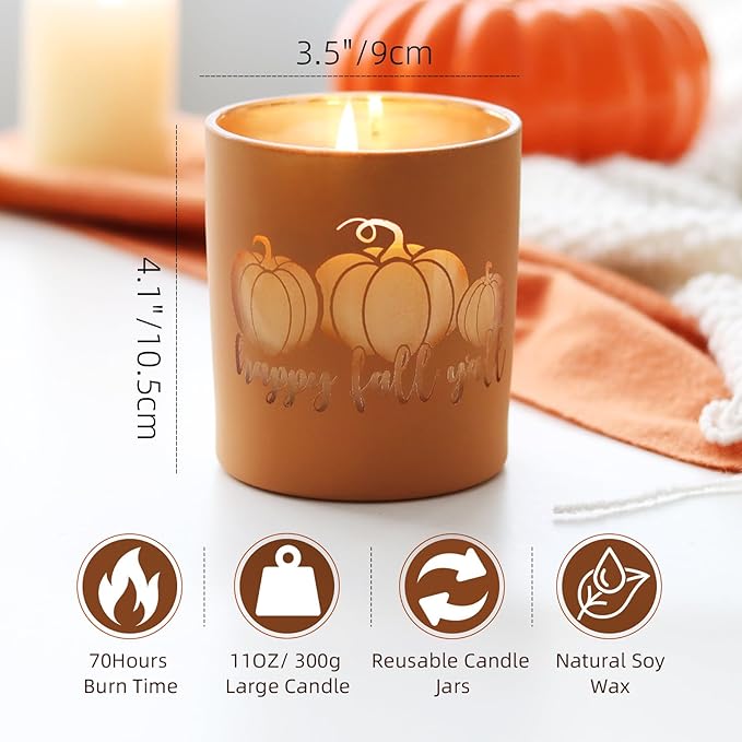 Pumpkin Candle 11oz - Fall Scented Candle with Pumpkin Design, Ideal for Fall Thanksgiving Table Decor, Thanksgiving Gifts