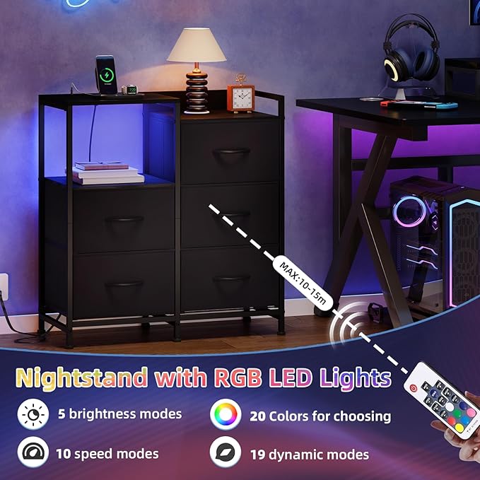 Somdot Black Nightstand with Charging Station and LED Light, Wide 5 Drawers Dresser for Bedroom with Fabric Bins and Open Shelf for Bedroom Kids Closet Dorm Guest Room, Black