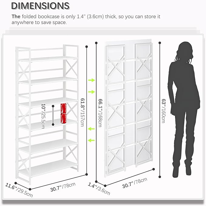 4NM Extra Wide 6 Tiers No Assembly Book Shelves, 61.8" H Folding Bookshelf Bookcase Open Industrial Foldable Shelves for Bedroom, Living Room, Home Office - All White