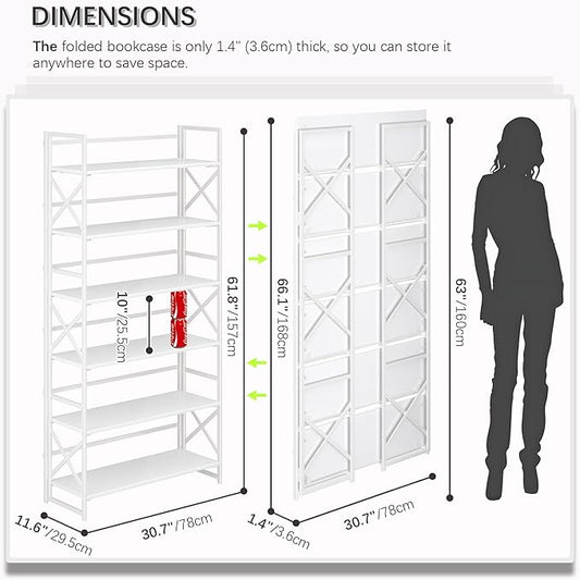 4NM Extra Wide 6 Tiers No Assembly Book Shelves, 61.8" H Folding Bookshelf Bookcase Open Industrial Foldable Shelves for Bedroom, Living Room, Home Office - All White