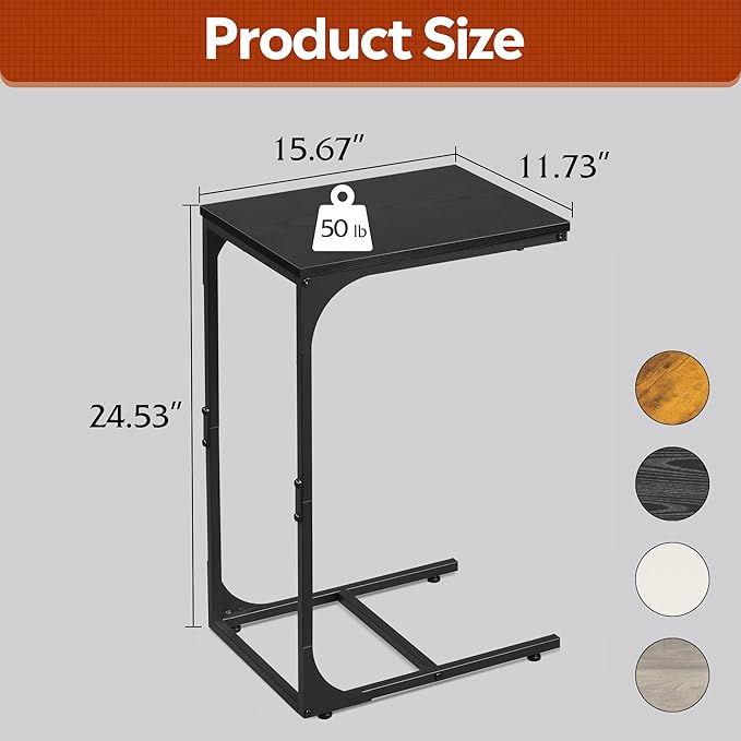 WLIVE C Shaped End Table, Small Couch Side Tables with Metal Frame, Sofa Table TV Tray for Living Room, Bedroom, Relief Black