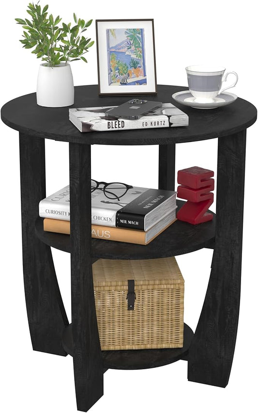 Round End Table with Storage Shelf,3 Tier Modern Side Table, Sofa Recliner Side Table,Accent Coffee Table,Nightstand for Living Room Bedroom for Small Spaces,19.7" D x 21.7" H