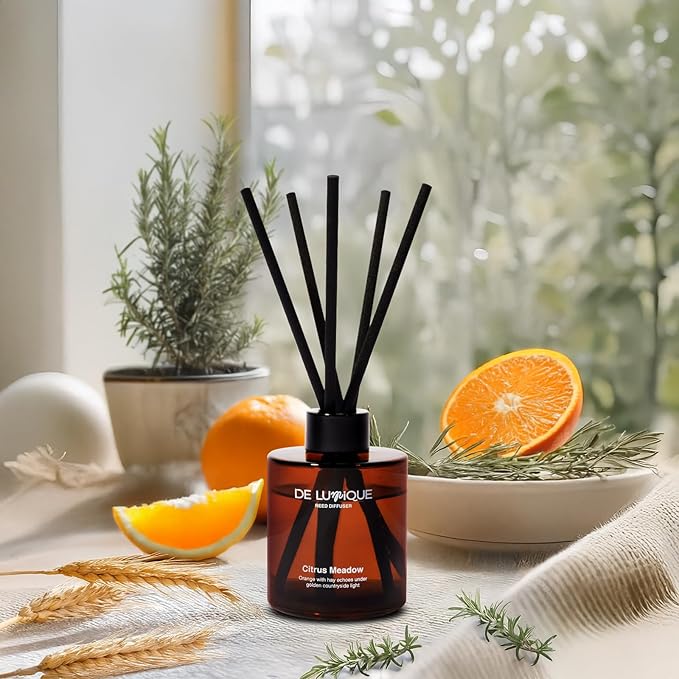 Citrus Meadow Luxury Reed Diffuser – Long Lasting Aroma with Orange, Lemon, Thyme & Hay – Essential Oil Diffusers for Home – Crafted by Expert Perfumers – 150ml