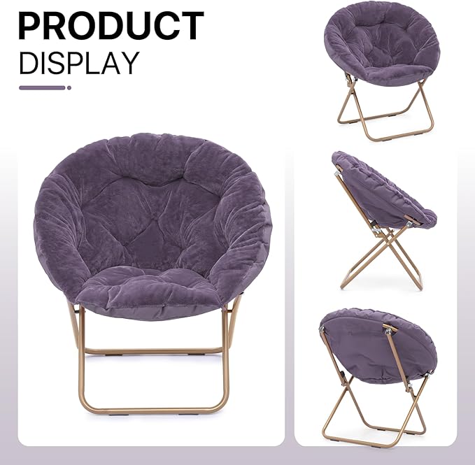 Athena Collection Comfy Saucer Chair Folding Cozy Chair for Bed Room Living Room Accent Chair Faux Fur Reading Chair Foldable Metal Frame Lazy Chair Moon Chair for Adult Set of 2, Purple
