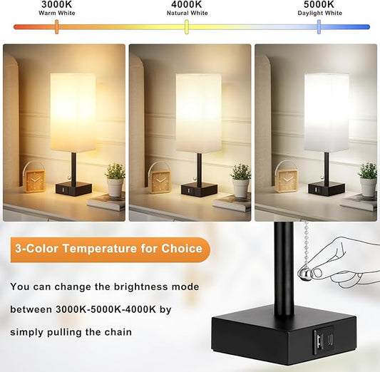 Bedside Table Lamps Set of 2 - Small White Bedroom Lamps with 3 Color Temperatures (3000K/5000K/4000K), Square Nightstand Lamp with USB C + A Charging Ports, Pull Chain Night Light