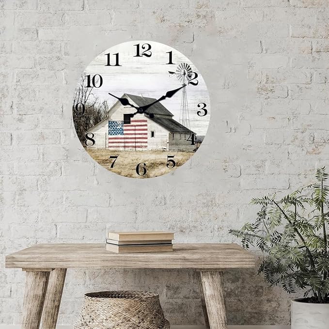XFM Farmhouse Wall Clock 20 Inch Rustic Barn Wooden Clocks Silent Non-Ticking Battery Operated Country Landscape Small Round Clock for Living Room Kitchen Bedroom Office
