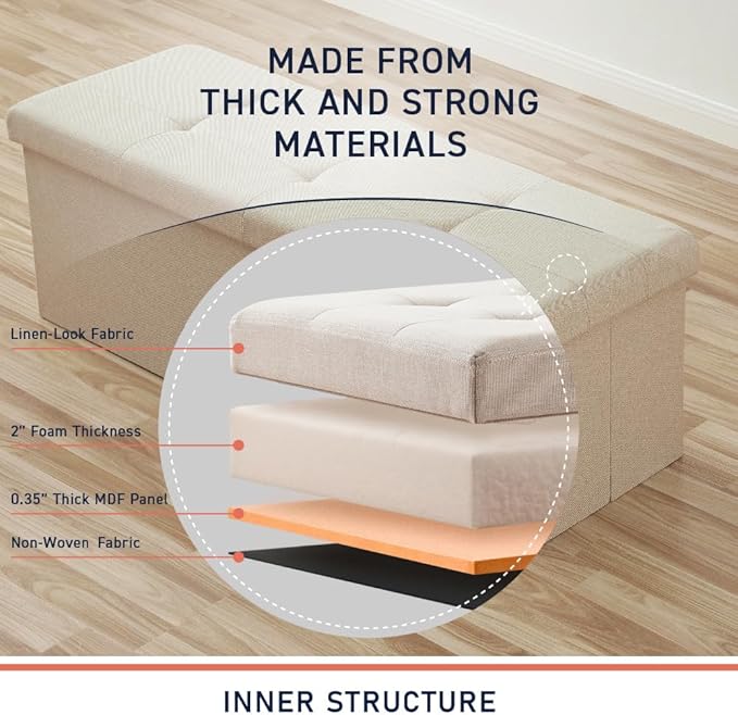 Ornavo Home 43 Inch Folding Storage Ottoman, Long Large Storage Ottoman Chest, Foot Rest Stool, Bedroom Bench - (Beige)