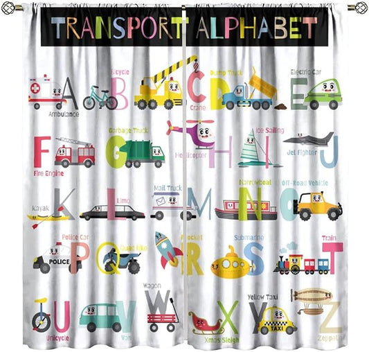 Alphabet Curtains，Catoon Transportation Pattern Blackout Print Window Drapes for Kids Bedroom Living Room 52x84 Inch