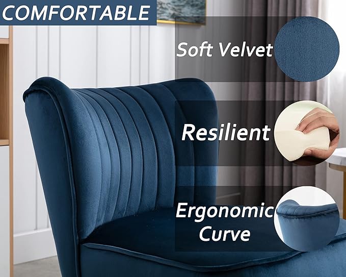Velvet Accent Chair Set of 2 Comfy Living Room Chair Armless Slipper Chair Mid Century Side Single Sofa Chair with Golden Legs Wingback for Bedroom Guest Room, Blue