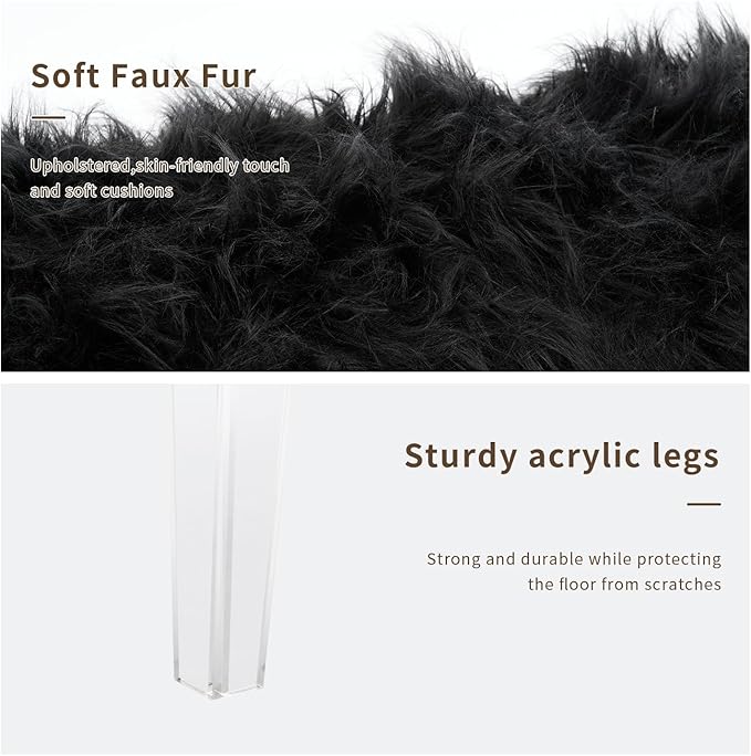 Modern Black Faux Fur Ottoman Bench - Upholstered Furry Bench with Acrylic Legs for Bedroom, Living Room, Entryway, Vanity or Bed End