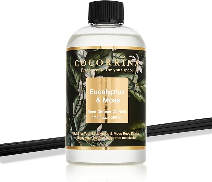 Cocorrína Reed Diffuser Refill Eucalyptus & Moss 17oz (500ml) with 8 Rattan Sticks - Premium Long-Lasting Essential Oil, Home Fragrance for Bedroom, Bathroom Home Decor
