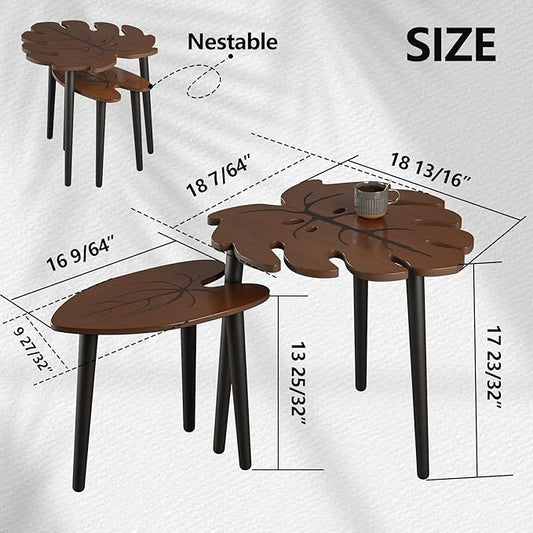 BAMEOS Monstera Leaf Nesting Tables Set of 2, Small Coffee Table Set with Leaf Vein Pattern, Modern Wooden Side Tables for Living Room Bedroom Apartment Balcony Yard