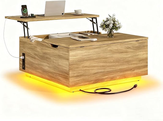 36" Lift Top Coffee Table with Storage, Wood Square Coffee Table with LED Lights and Charging Station, Multi-Function Living Room Center Table with Large Hidden Space, Oak