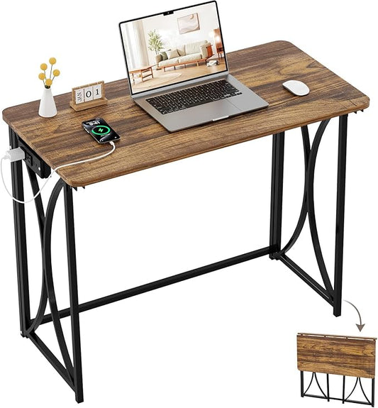 Small Desk, 31.5" Folding Table for Bedroom with Power Outlet, Space Saving Folding Computer Desk for Home Office, Easy Assembly, Brown