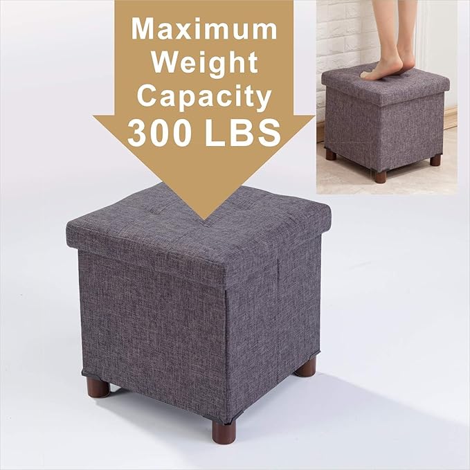 15 Inch Storage Ottoman with Wooden Legs - Cube Foot Rest Stool, Square Footstool, Comfortable Seat with Lid, Foldable Fabric Ottoman, Space-Saving Grey