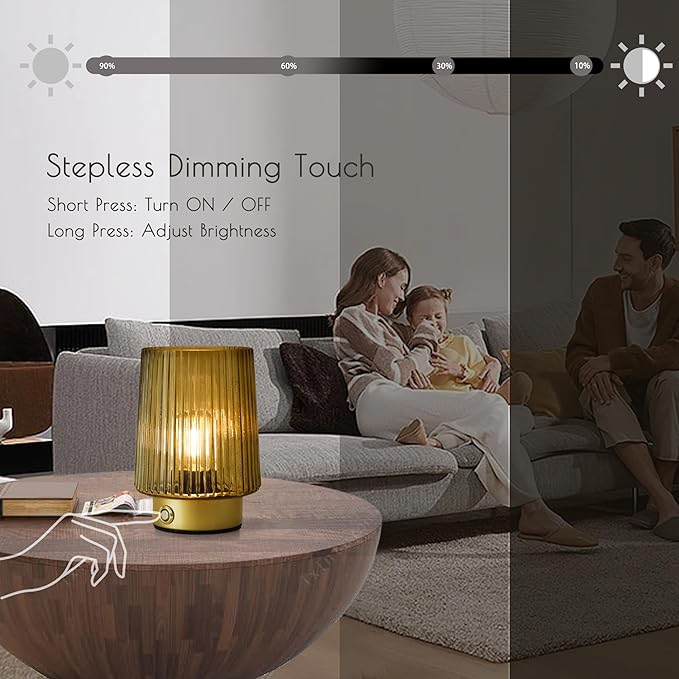 Cordless Lamp Rechargeable Battery Operated lamp, Glass Small Table lamp - Portable Dimmable Brightness Touch Wireless Bedside Lamp for Bedroom Kitchen Dining Home Living Room Decor Grey