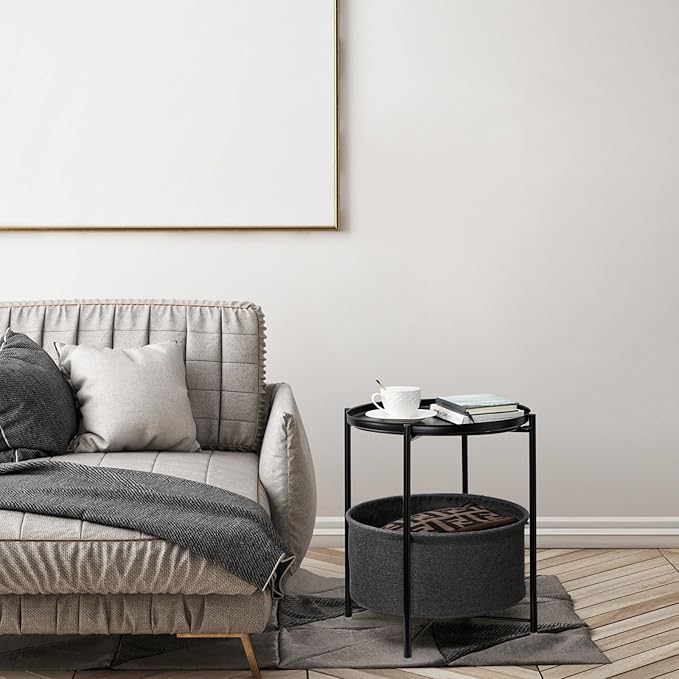 danpinera Round Side Table with Fabric Storage Basket, Metal Small Bedside Nightstand Removable Tray Top for Living Room, Bedroom, Nursery, Laundry, Ink Black