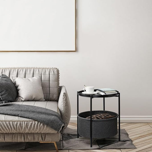 danpinera Round Side Table with Fabric Storage Basket, Metal Small Bedside Nightstand Removable Tray Top for Living Room, Bedroom, Nursery, Laundry, Ink Black