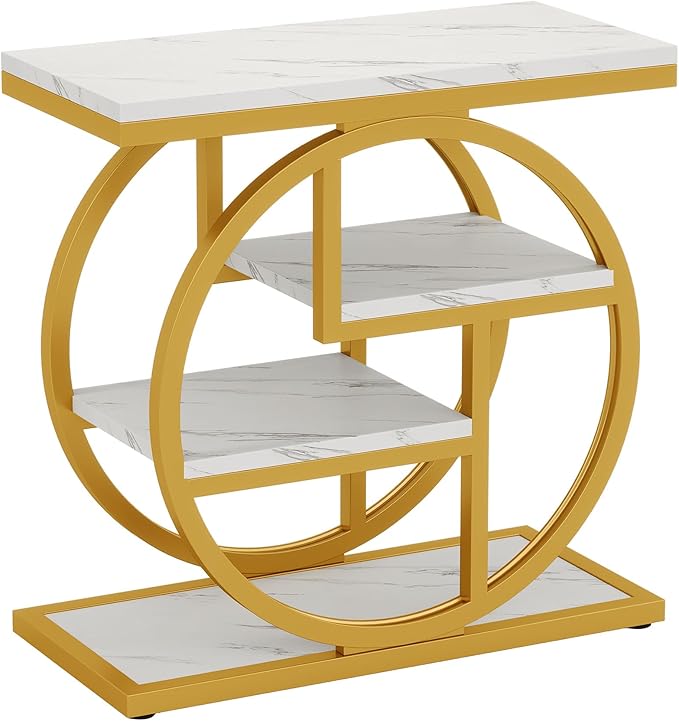 Tribesigns End Table for Living Room, Modern Faux Marble Narrow Side Table with Storage Shelves, 4-Tier Bedside Table for Bedroom, Small Sofa Side Table with Geometric Metal Frame (1 PC, White & Gold)