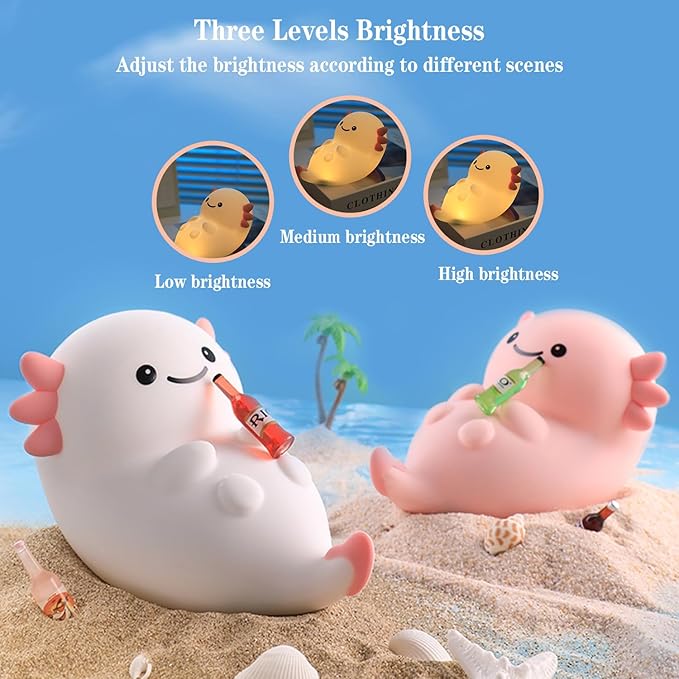 Cute Pink Axolotl Night Light, LED Squishy Night Lamp, Dimmable Timer Nursery Nightlight for Kids, Rechargeable Touch Lamp, Dorm Decor, Kids Funny Gifts (Pink Axolotl)