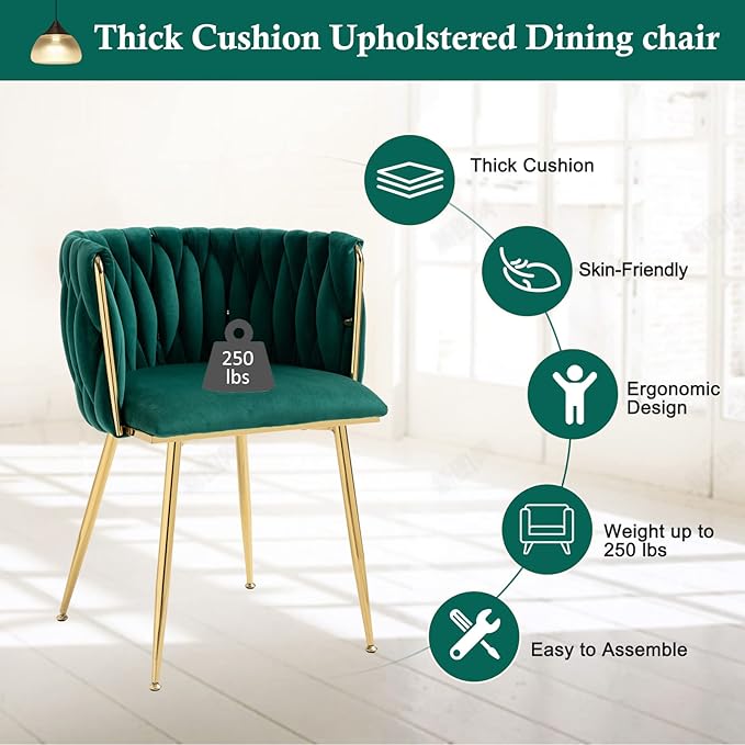 NIOIIKIT Modern Velvet Dining Chairs Hand Weaving Accent Chairs Living Room Chairs Upholstered Side Chair with Golden Metal Legs for Dining Room Kitchen Vanity Living Room (Emerald)