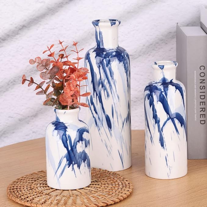 Blue Ceramic Vase Set - 3 Decorative Navy Blue and White Vase for Centerpieces, Farmhouse and Home Decor - Ideal for Living Room, Kitchen, Bedroom, Dining Table and Office Decor