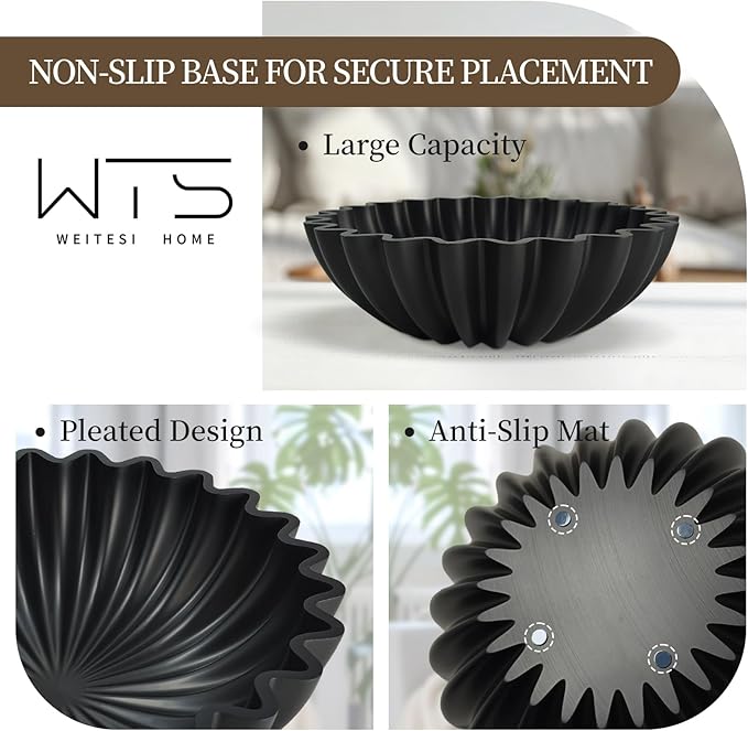 Decorative Fruit Bowl for Kitchen Counter, Large Decorative Bowl Modern Handicraft Bowl for Home Decor, Stylish Key Bowl for Entry Table, Coffee Table Decor, Home Decor Accent, Artificial Stone Black