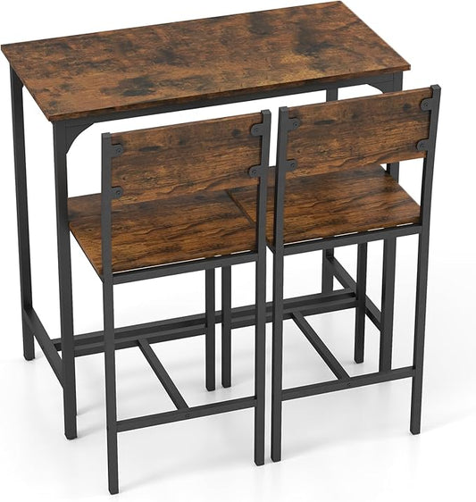Giantex 3-Piece Bar Table and Chair Set with 2 Counter Height Bar Stools, Breakfast Nook Table Set for Small Space, Dinette, Pub, Kitchen, Apartment, Restaurant, Dining Table Set for 2 (Brown)