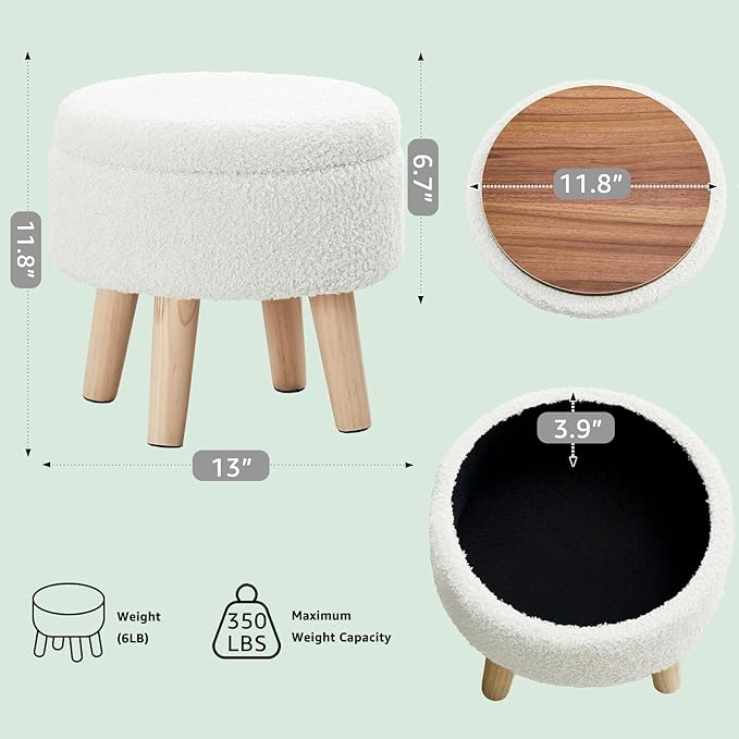 Mxfurhawa Versatile Storage Ottoman, Round Footstool with Soft Padded Seat, Small End Table with 4 Wood Legs, Teddy Velvet Foot Rest for Couch,Shoe Changing Stool for Living Room (Cream)