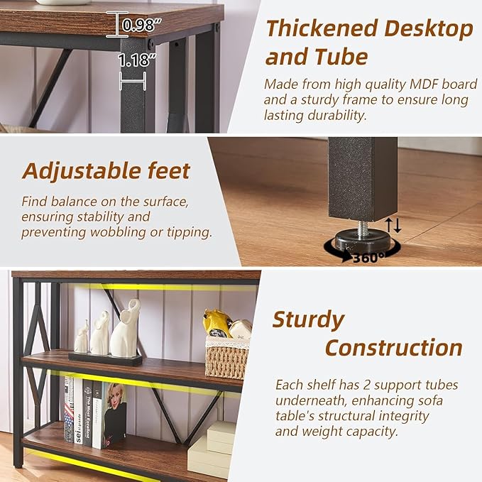 HOMISSUE Sofa Console Table, Rustic Console Table with 3-Tier Storage, Engineered Wood Sofa Tables with Open Shelves, Heavy Duty Entryway Tables for Living Room, Hallway (55 Inch, Rustic Brown)