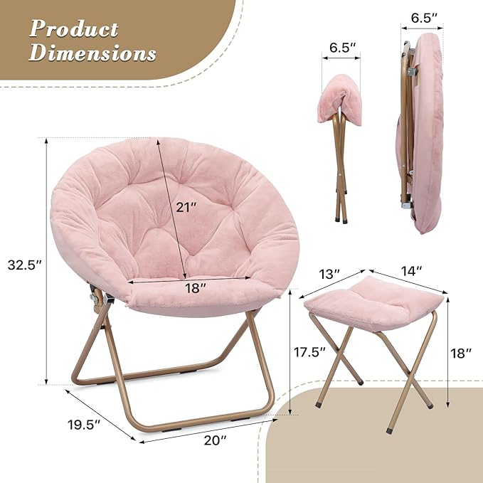 Athena Collection Saucer Chair with Ottoman Comfy Chair for Bed Room Living Room Folding Round Cozy Chair Faux Fur Metal Frame Foldable Lazy Chair Accent Chair Reading Chair Set of 2, Pink