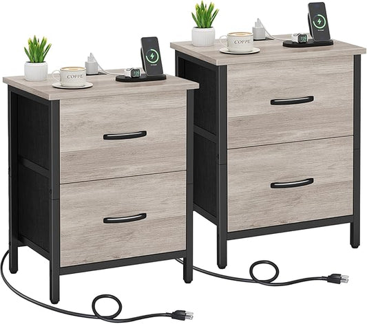 Vagusicc Nightstand Set of 2 with Charging Station, End Table Bedside Table with Power Outlet & USB Ports, Side Table with 2 Fabric Drawers for Bedroom, Living Room, Greige