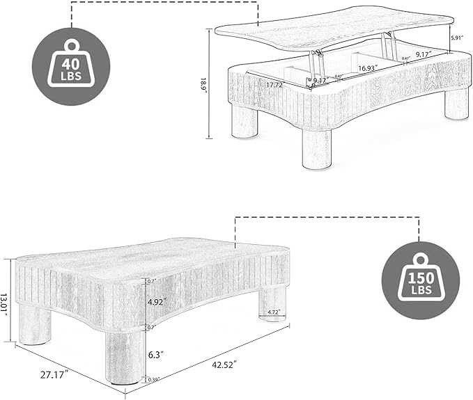 42.5" Lift Top Fluted Coffee Table with Hidden Storage Compartment, Modern Cloud-Shaped Wooden Center Table Cocktail Tea Table with Curved Safety Corners and Adjustable Height, Walnut