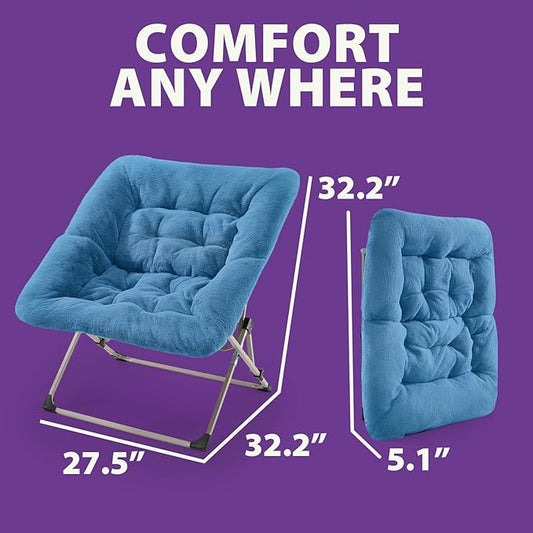 OAKHAM Comfy Chair for Adults, Soft Faux Fur Folding Lounge for Bedroom Living Room Dorm Rooms Flexible Reading Chair for Teens Kids, X-Large Foldable (Faux Fur-Blue)