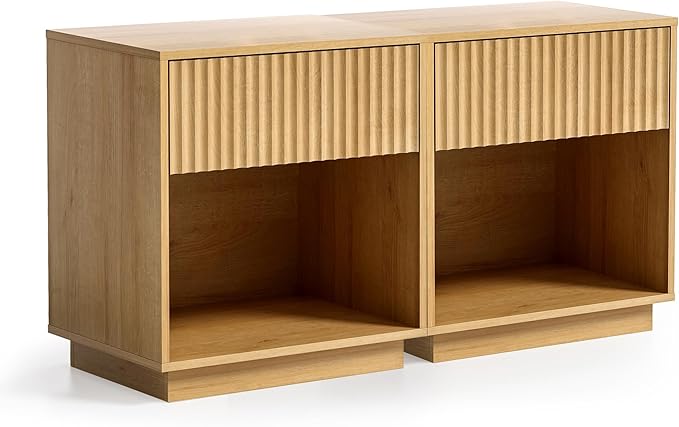 Fluted End Table with Drawer Set of 2, Modern Wooden Nightstand Bed Side Table with Storage Shelf Bedside Night Stand for Bedroom Living Room Sofa, Natural Oak