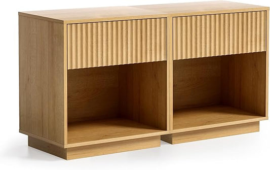 Fluted End Table with Drawer Set of 2, Modern Wooden Nightstand Bed Side Table with Storage Shelf Bedside Night Stand for Bedroom Living Room Sofa, Natural Oak