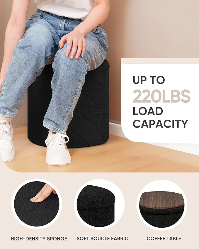 B FSOBEIIALEO Ottoman with Stroage, Boucle Round Storage Ottoman with Tray,Foot Rest Stool for Dorm Room, Living Room Black, 12.99"x12.99"x13.78"