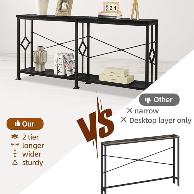 HOMISSUE Long Entryway Console Table, 70.9" Industrial Narrow Sofa Tables Behind Couch with 2 Tier Storage Shelf for Hallway, Living Room, Black