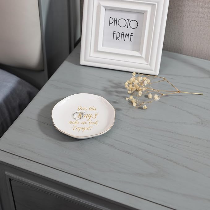 HOME SMILE Engaged Ring Dish-Does This Ring Make Me Look Engaged Trinket Dish- Engagement Gifts for Women,Ceramic White
