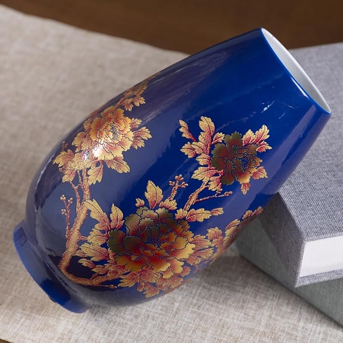 9 Inch Glossy Vintage Ceramic Vase with Floral Design, Flower Vases for Dining Table & Wedding Centerpiece, Handcrafted Home Decor, Boho Decoration for Living Room, Office, Entryway,Pampas Grass(Blue)