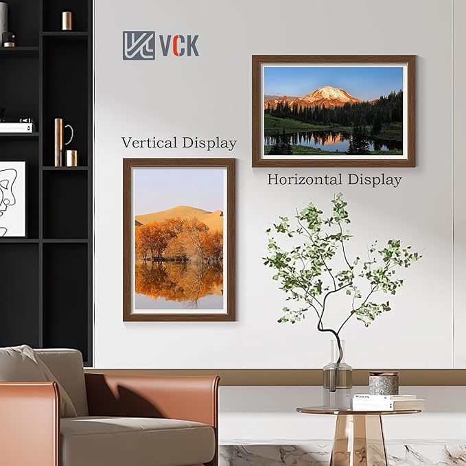 VCK 12x18 Picture Frame 5 Pack - Brown, High-End Wood Poster Frames with Tempered Glass, Display 11x17 Photo with Mat or 12x18 without Mat, Art Gallery-Quality, Wall Hanging, Brown