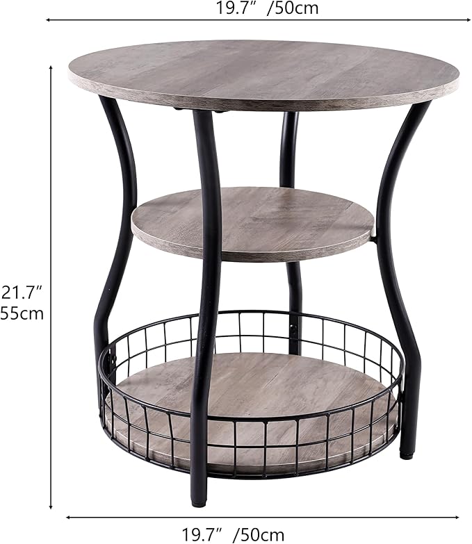Small Side Table Round End Table with Storage Shelves Basket, 3-Tier Accent Corner Sofa Couch Side Tables Coffee Drink Table for Small Spaces,Round Nightstand for Living Room, Bedroom, Greige